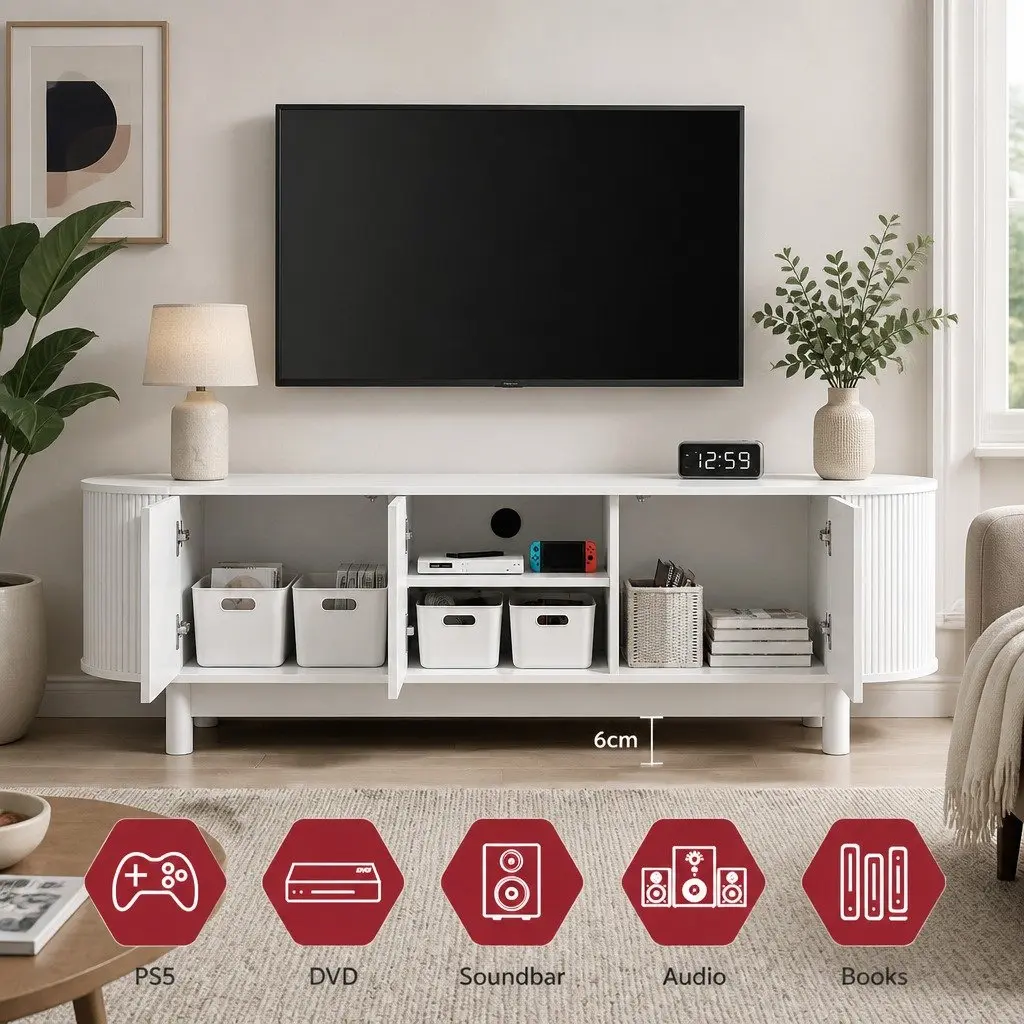 TV Unit White 160cm Spacious Storage and Display Shelves