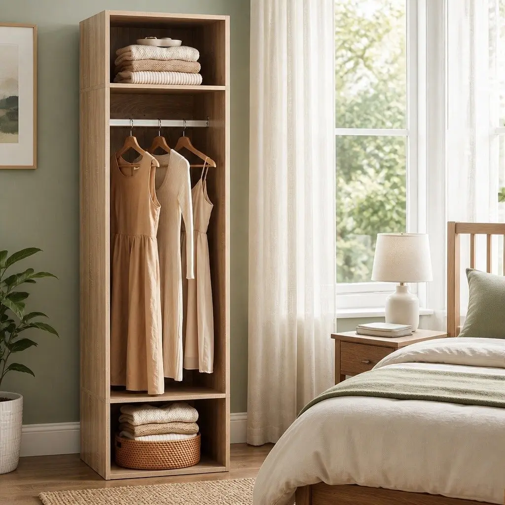 Pine Wardrobe Closet with Open Shelves