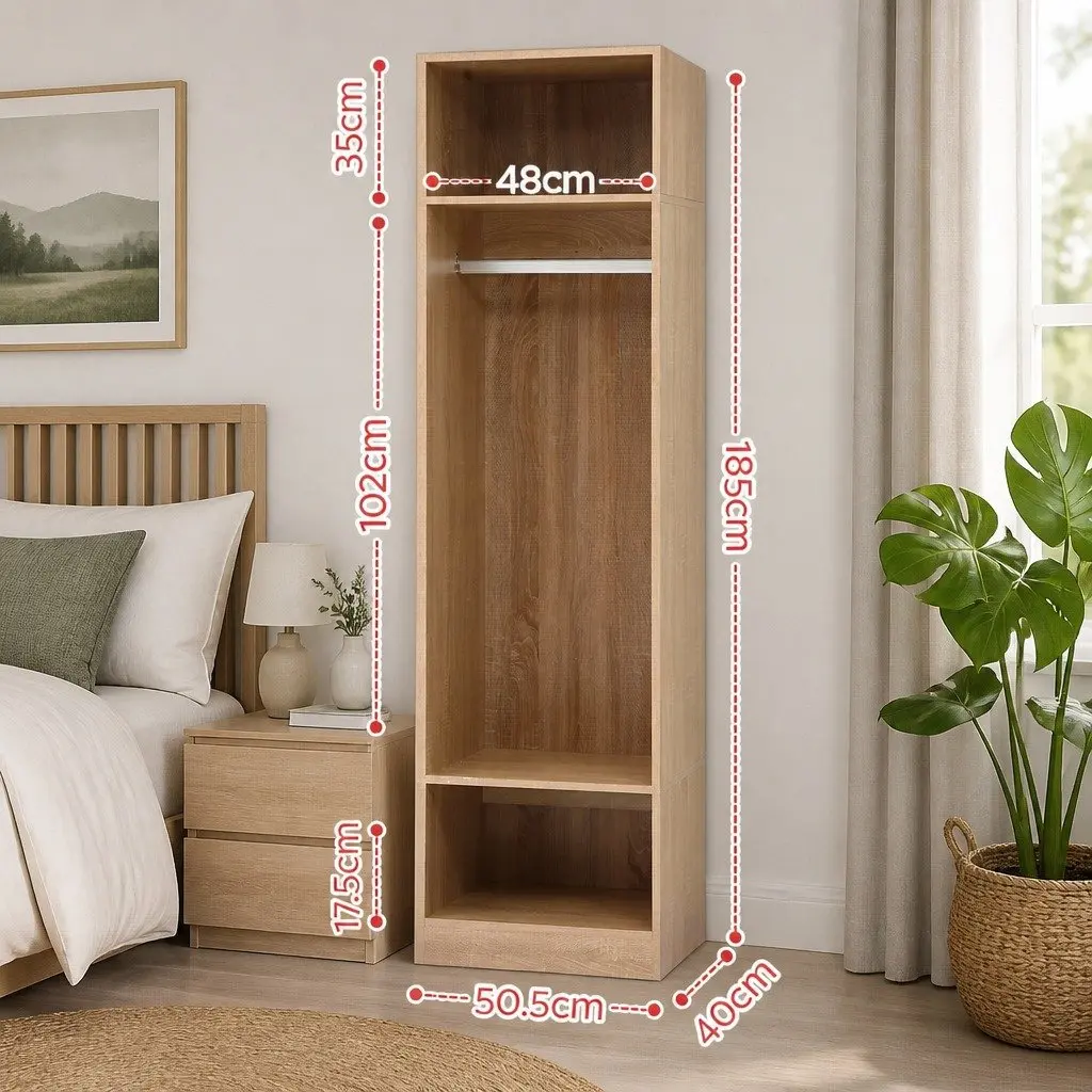 Pine Wardrobe Storage Organizer with Open Shelves and Detachable Hanging Rod 185cm Tall 50.5cm Wide