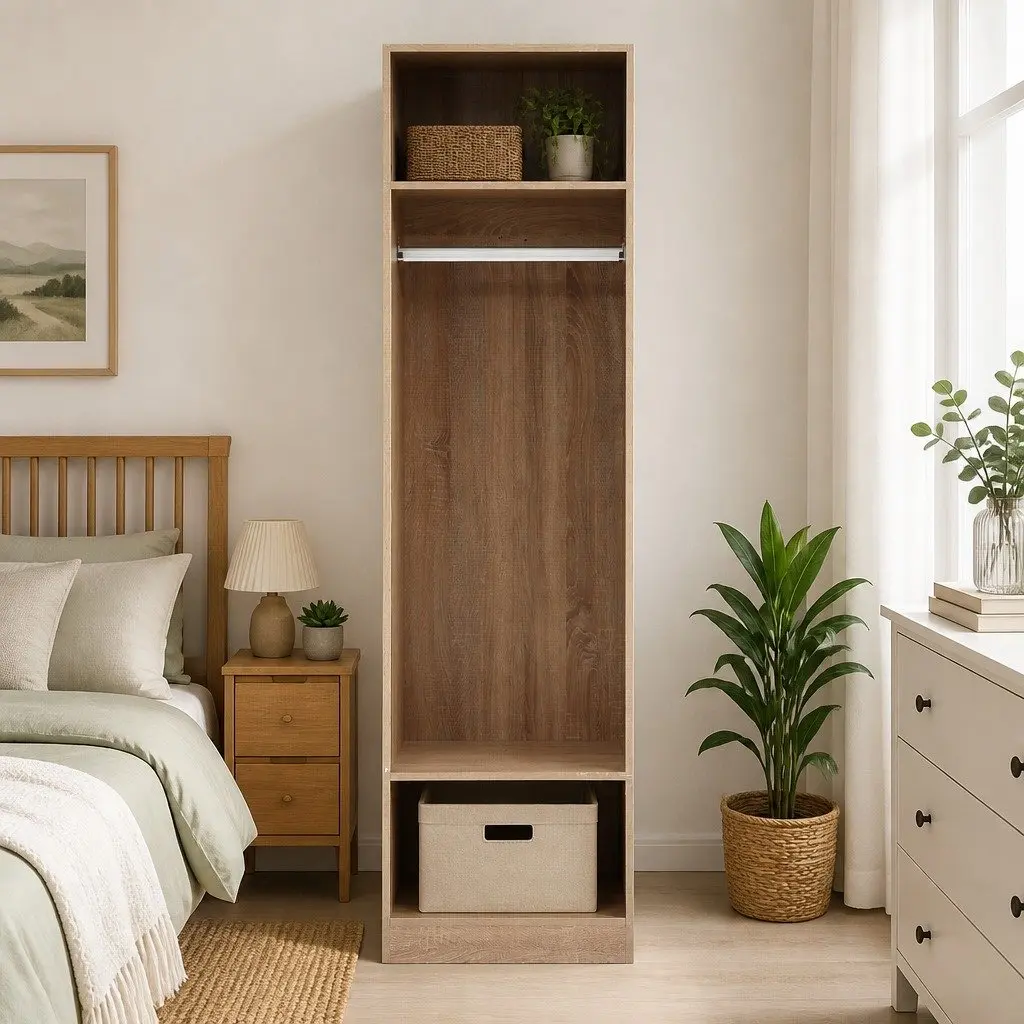 Pine Wardrobe Storage Organizer with Open Shelves and Detachable Hanging Rod 185cm Tall 50.5cm Wide