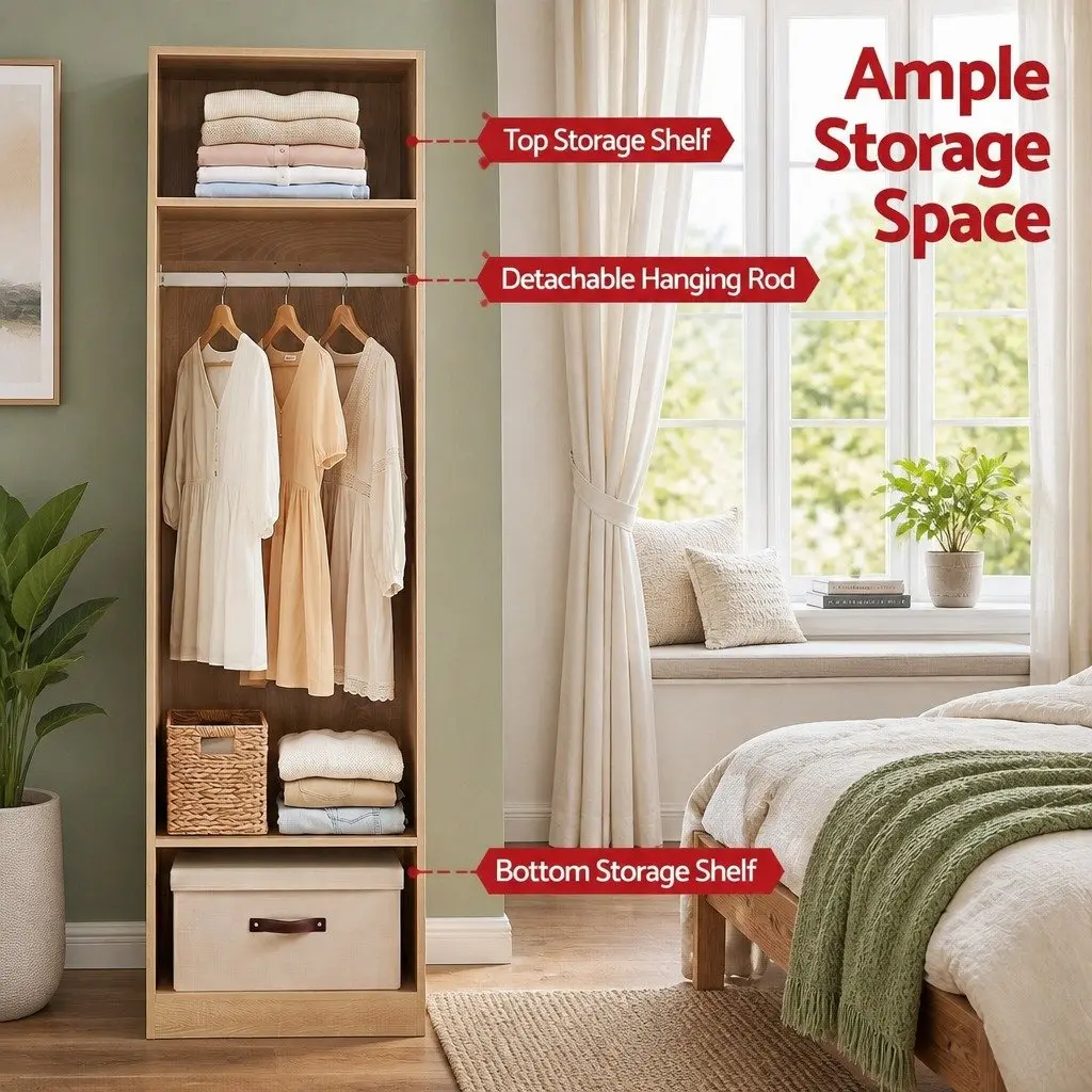 Pine Wardrobe Storage Organizer with Open Shelves and Detachable Hanging Rod 185cm Tall 50.5cm Wide