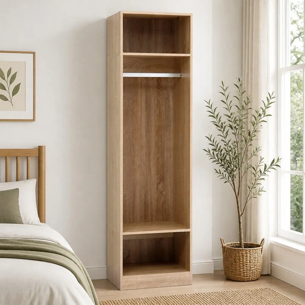 Pine Wardrobe Storage Organizer with Open Shelves and Detachable Hanging Rod 185cm Tall 50.5cm Wide
