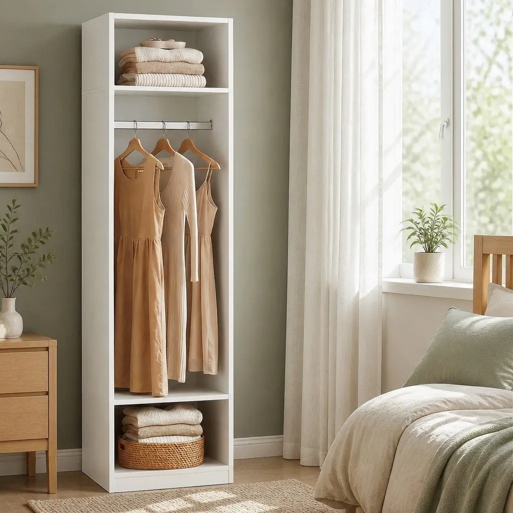 White Wardrobe Closet with Two Shelves and Hanging Rod