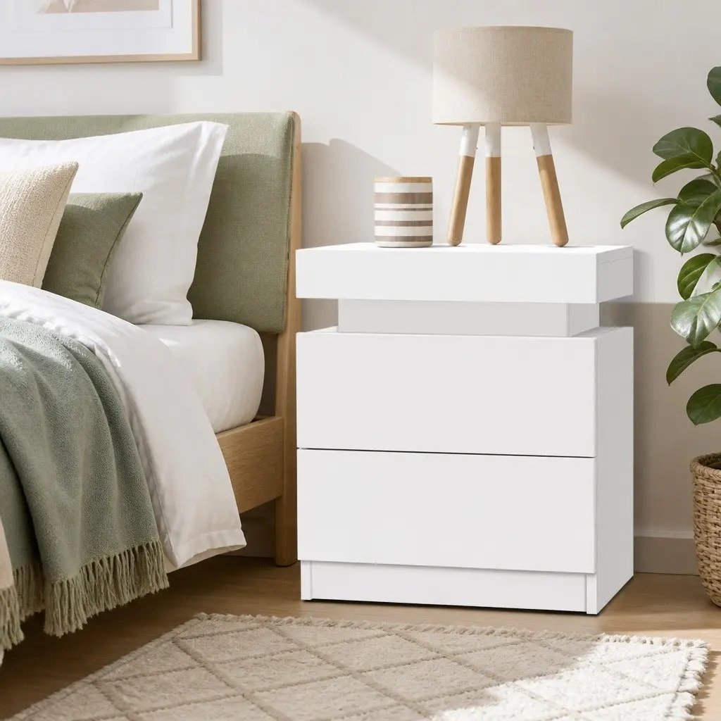 Bedside Table White 45cm x 35cm x 52cm Two Drawers Lift-up Storage Compartment