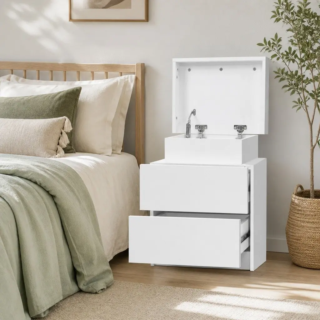 Bedside Table White 45cm x 35cm x 52cm Two Drawers Lift-up Storage Compartment