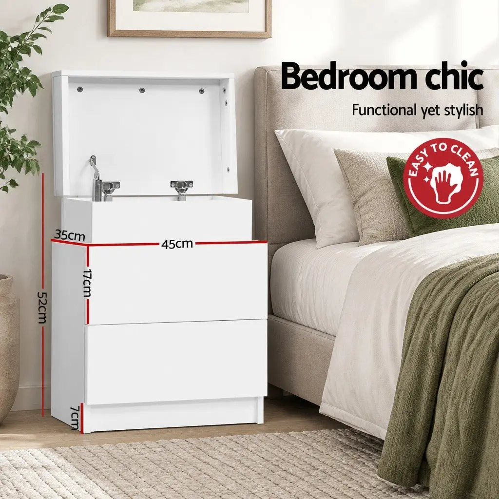 Bedside Table White 45cm x 35cm x 52cm Two Drawers Lift-up Storage Compartment