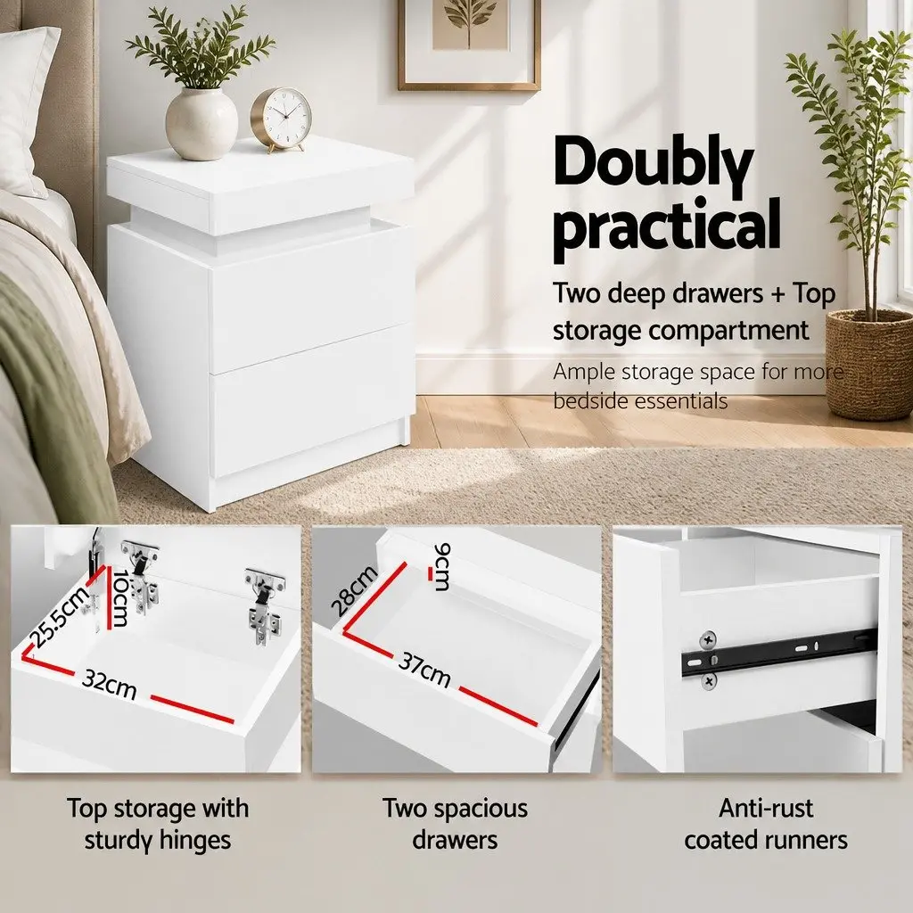 Bedside Table White 45cm x 35cm x 52cm Two Drawers Lift-up Storage Compartment