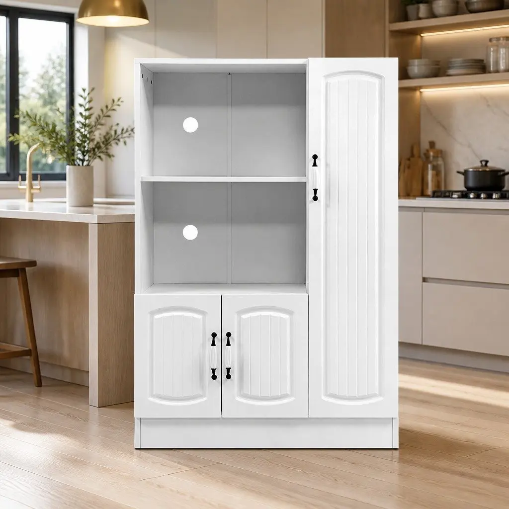 Buffet Sideboard White 80cm Classic Style with Two Open Shelves and Two Closed Storage Cupboards