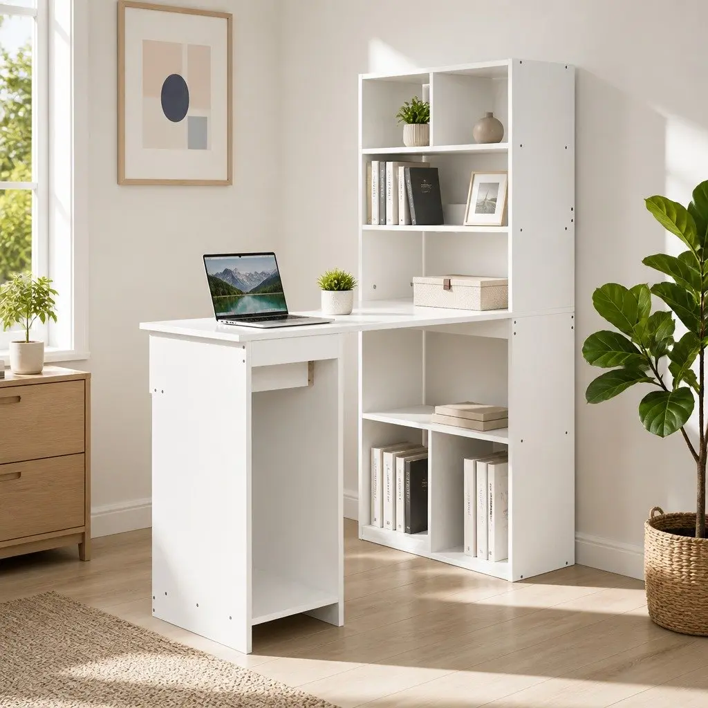 Computer Desk White 120cm 5-Tier Bookshelf Drawer Storage Workstation