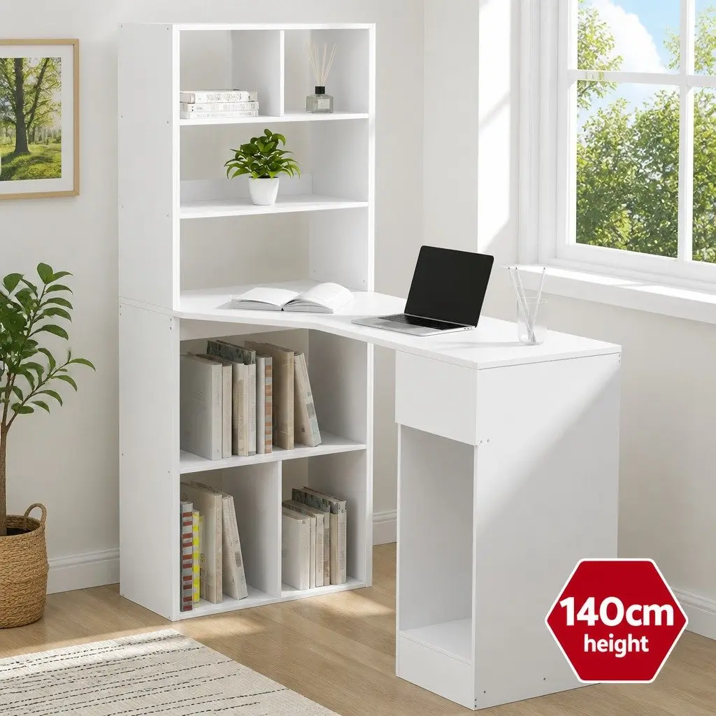 Computer Desk White 120cm 5-Tier Bookshelf Drawer Storage Workstation