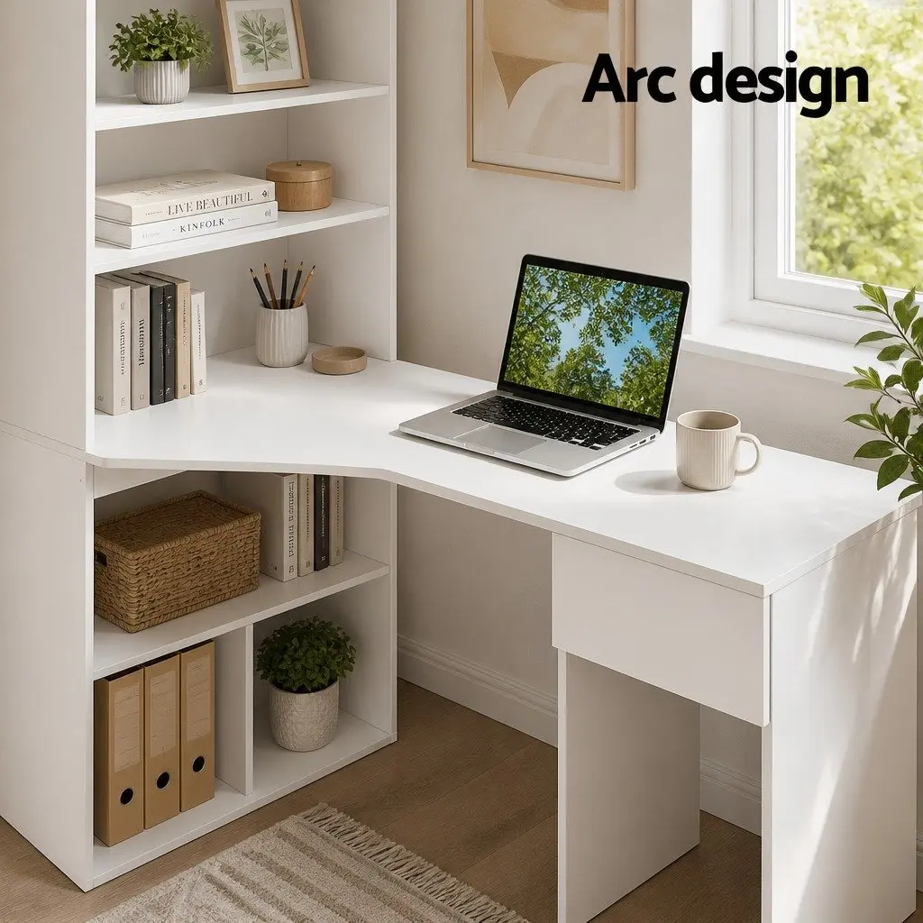 Computer Desk White 120cm 5-Tier Bookshelf Drawer Storage Workstation