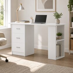White Computer Desk 120cm with Drawers Shelves Storage Office Workstation