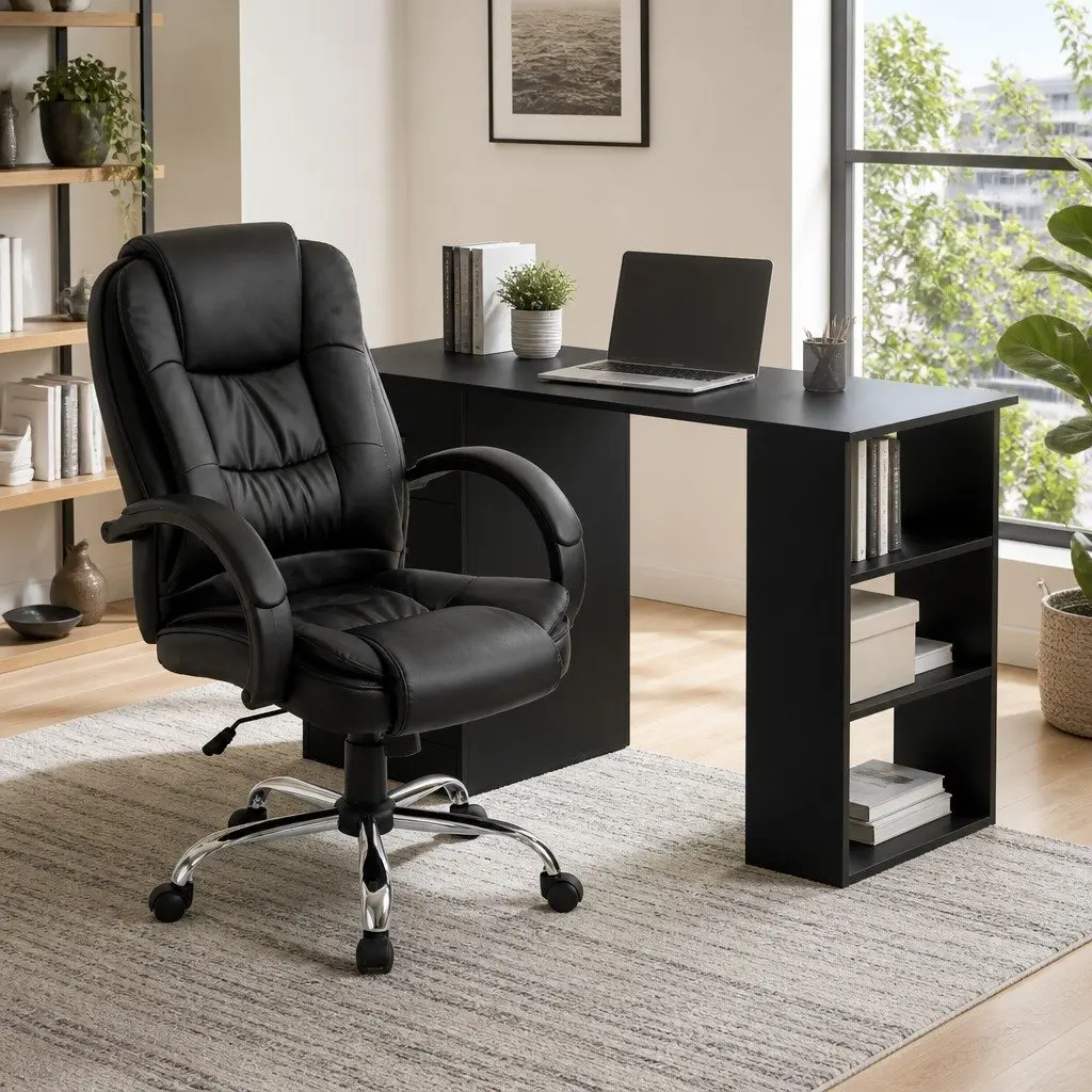 Computer Desk Black 120cm Three Drawers Office Chair High Back Executive Comfort Set