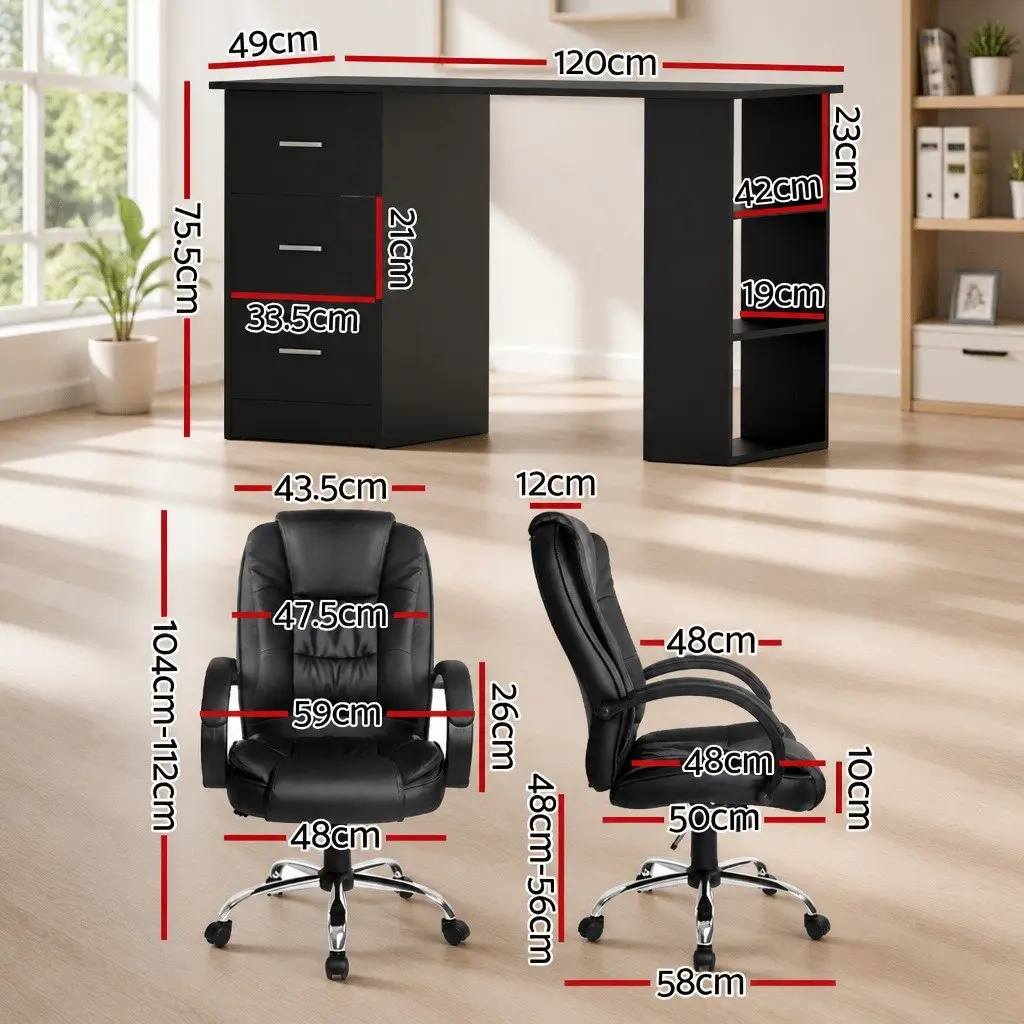 Computer Desk Black 120cm Three Drawers Office Chair High Back Executive Comfort Set