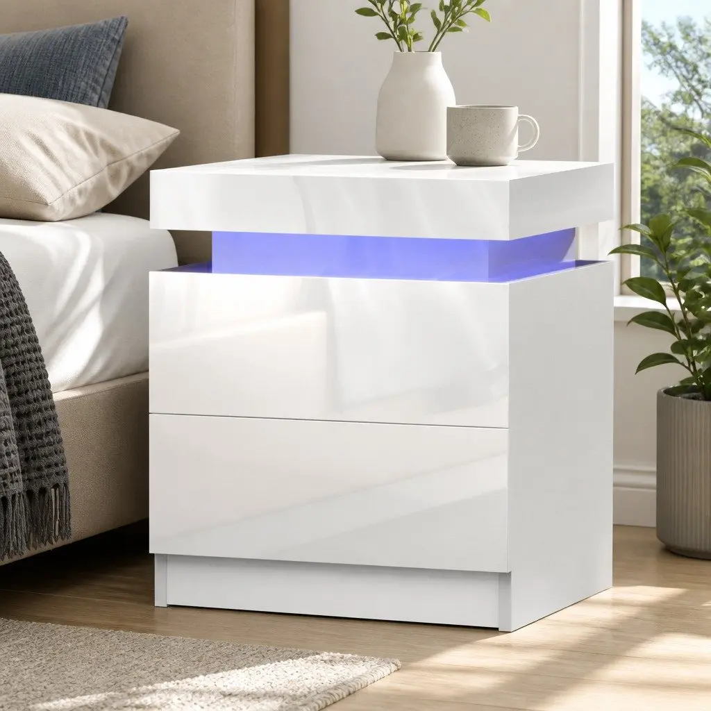 Bedside Table White 45cm Modern with LED Lights 2 Drawers Lift-up Storage