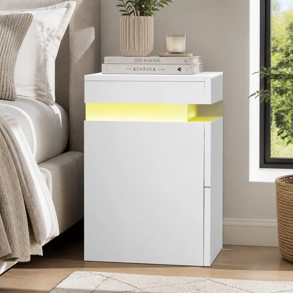 Bedside Table White 45cm Modern with LED Lights 2 Drawers Lift-up Storage