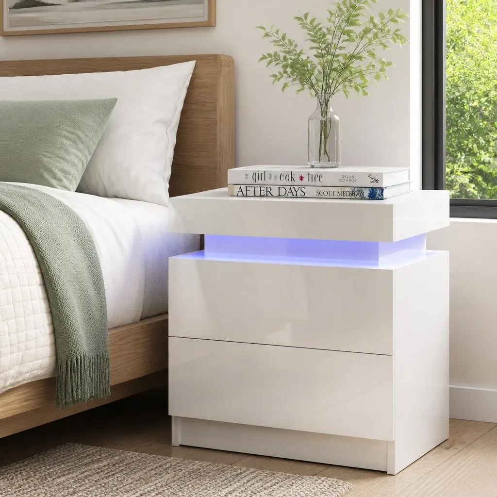 Bedside Table White 45cm Modern with LED Lights 2 Drawers Lift-up Storage