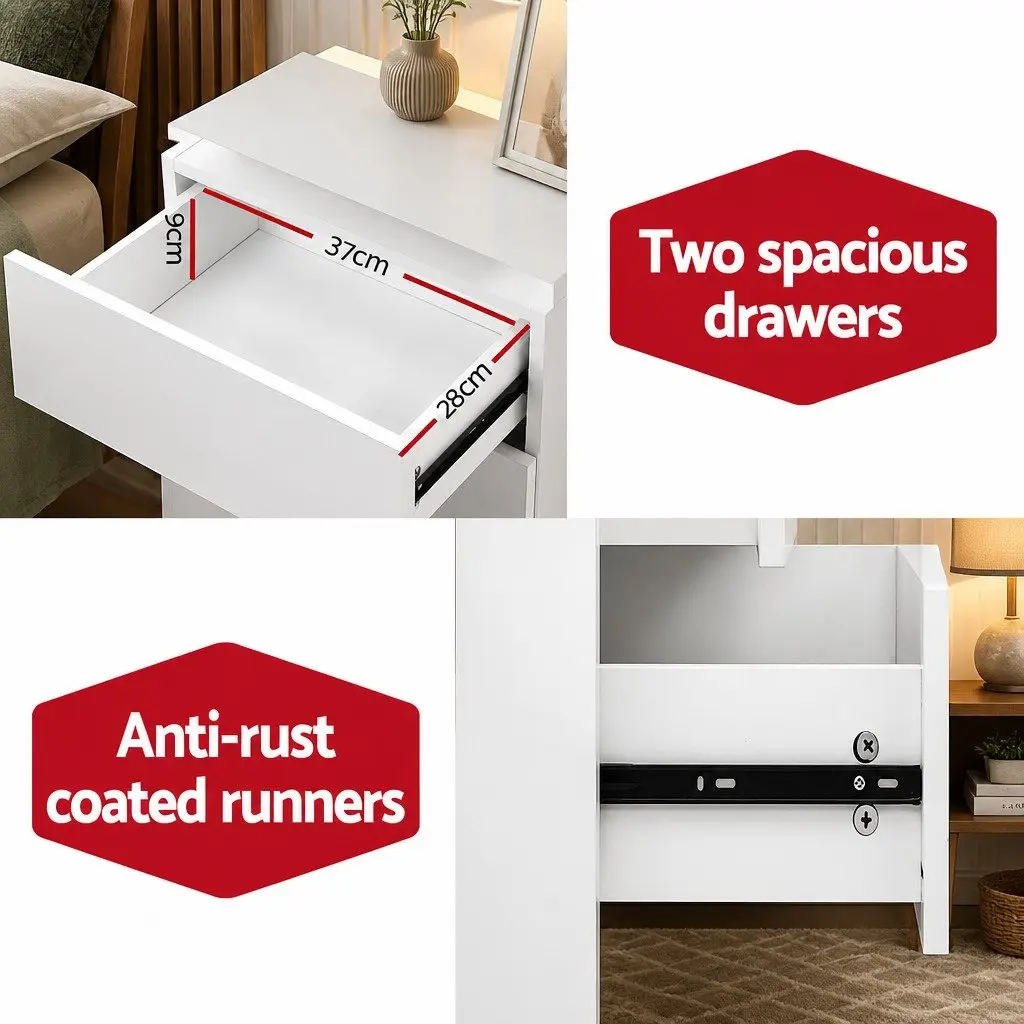 Bedside Table White 2 Drawers LED Lift-up Storage Modern Nightstand