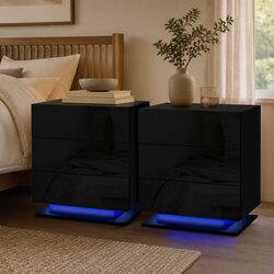 Bedside Table LED 3 Drawers Modern Black Bedroom Nightstand Built-in Light