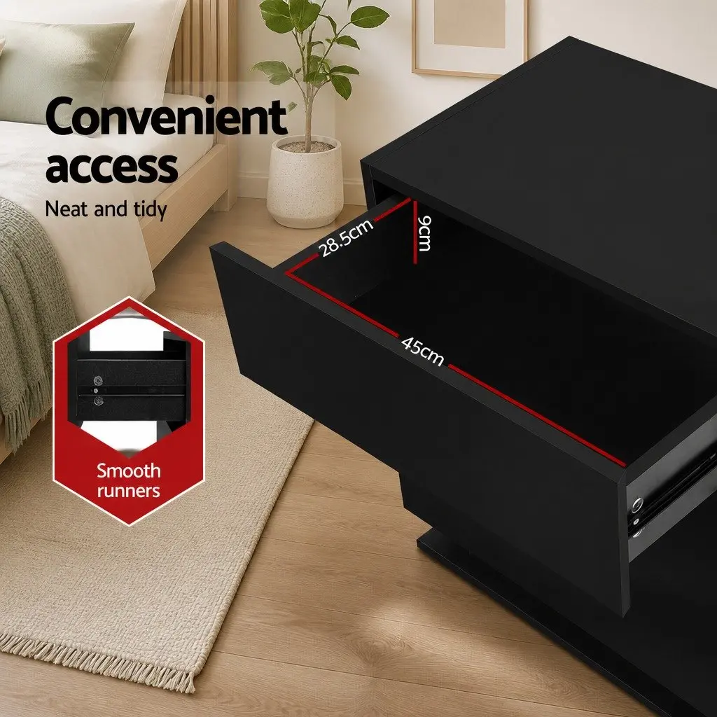 Bedside Table Black 3 Drawers LED Light Modern Bedroom Nightstand Storage