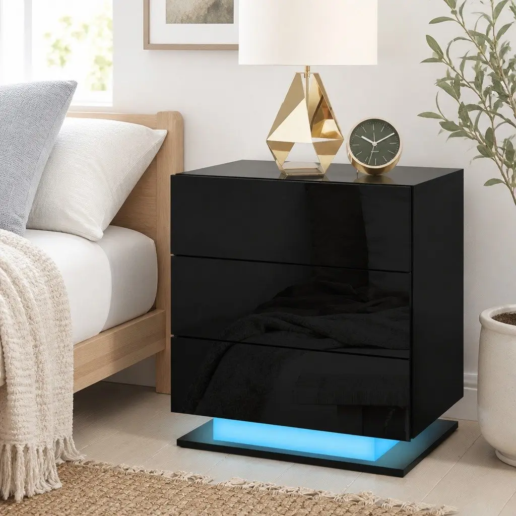 Bedside Table Black 3 Drawers LED Light Modern Bedroom Nightstand Storage