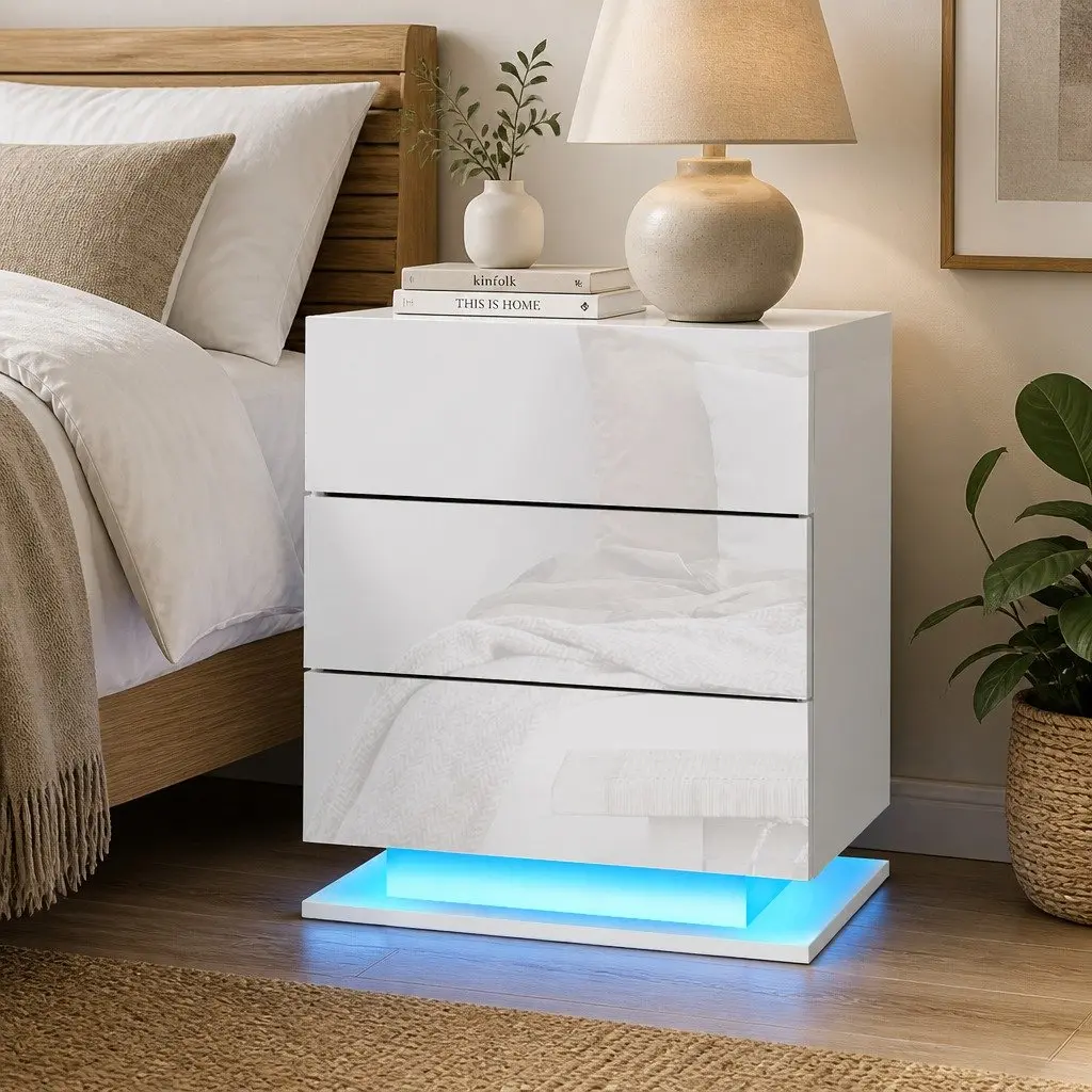 Bedside Table with LED Lighting 3 Drawers White Modern Bedroom Furniture