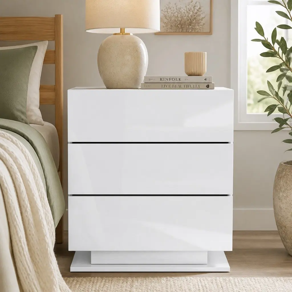 Bedside Table with LED Lighting 3 Drawers White Modern Bedroom Furniture