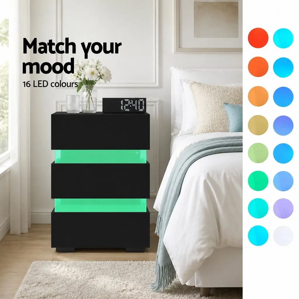 Bedside Table with LED Light 3 Drawers Black Modern Bedroom Nightstand Storage