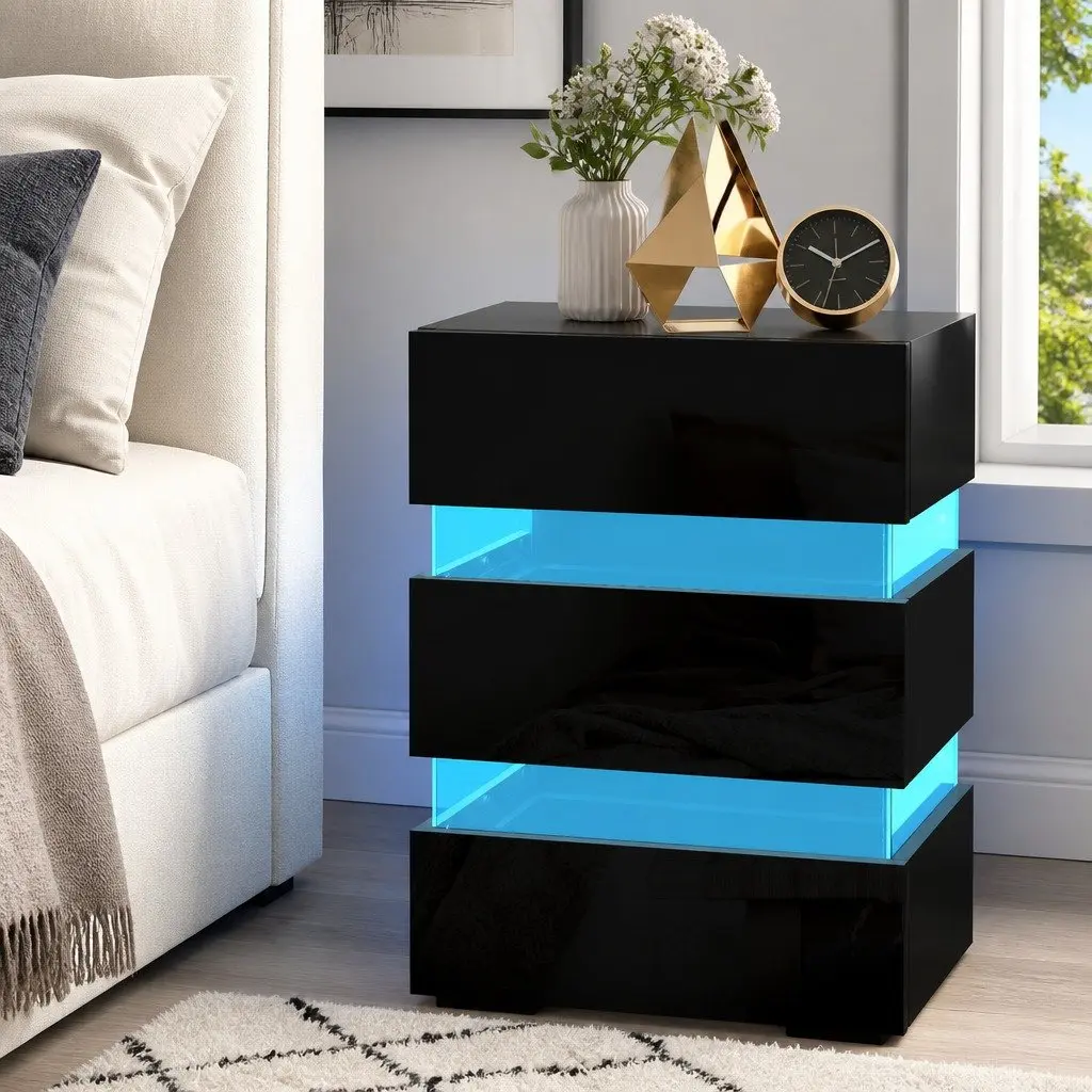 Bedside Table with LED Light 3 Drawers Black Modern Bedroom Nightstand Storage