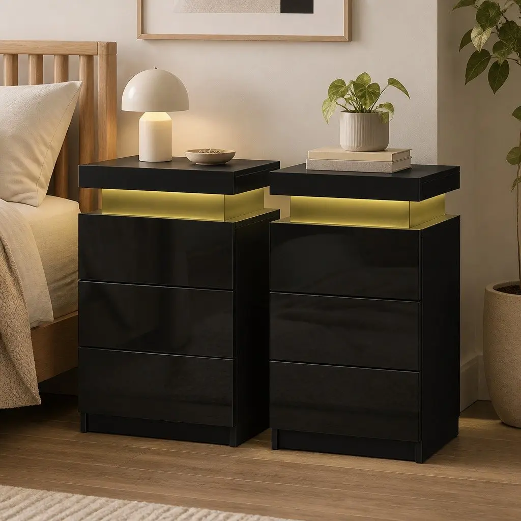 Black Bedside Table with 3 Storage Drawers