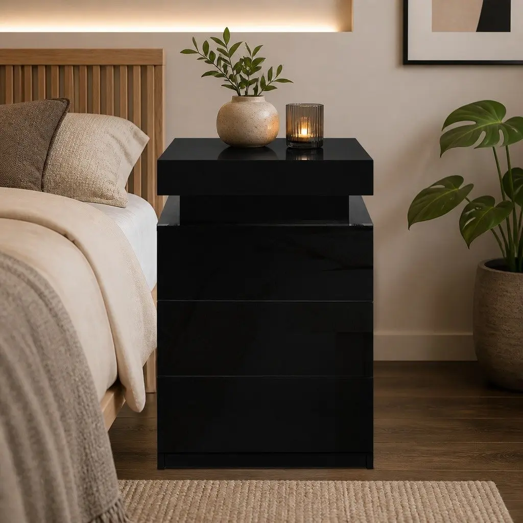 Bedside Table with LED Lighting 3 Drawers Storage Black Modern Design
