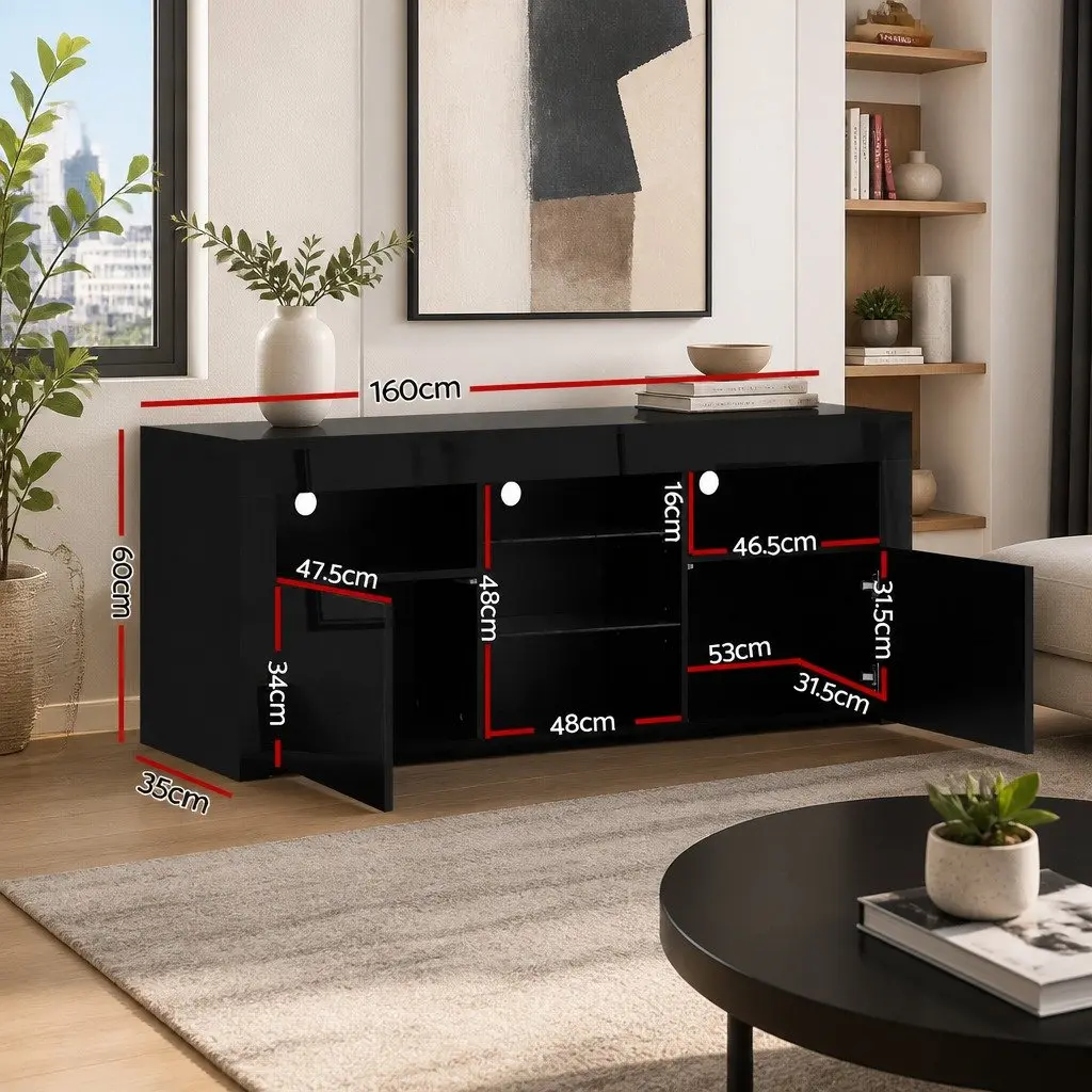 LED Entertainment Unit Black 160cm Open Shelves Storage Console