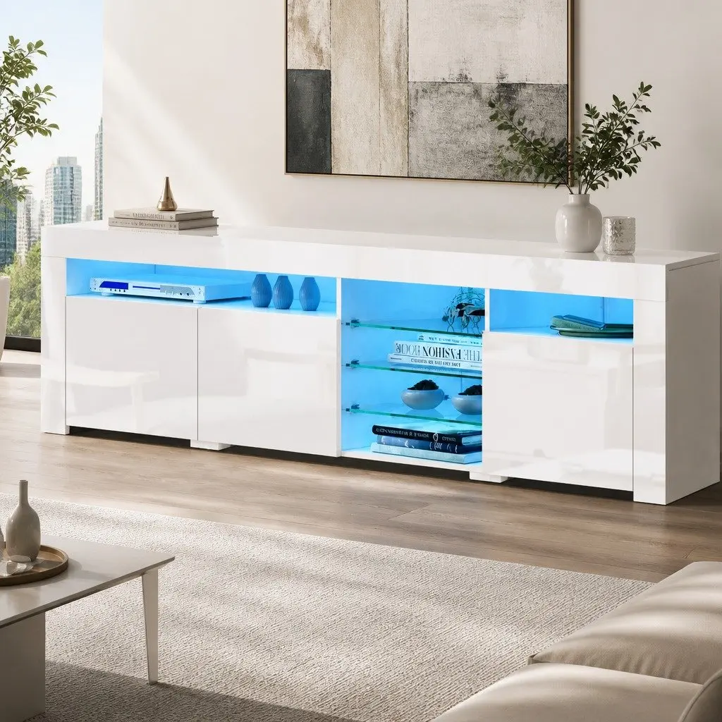 TV Unit White 180cm LED Customisable Lighting Modern Storage with 3 Cabinets and 6 Open Shelves