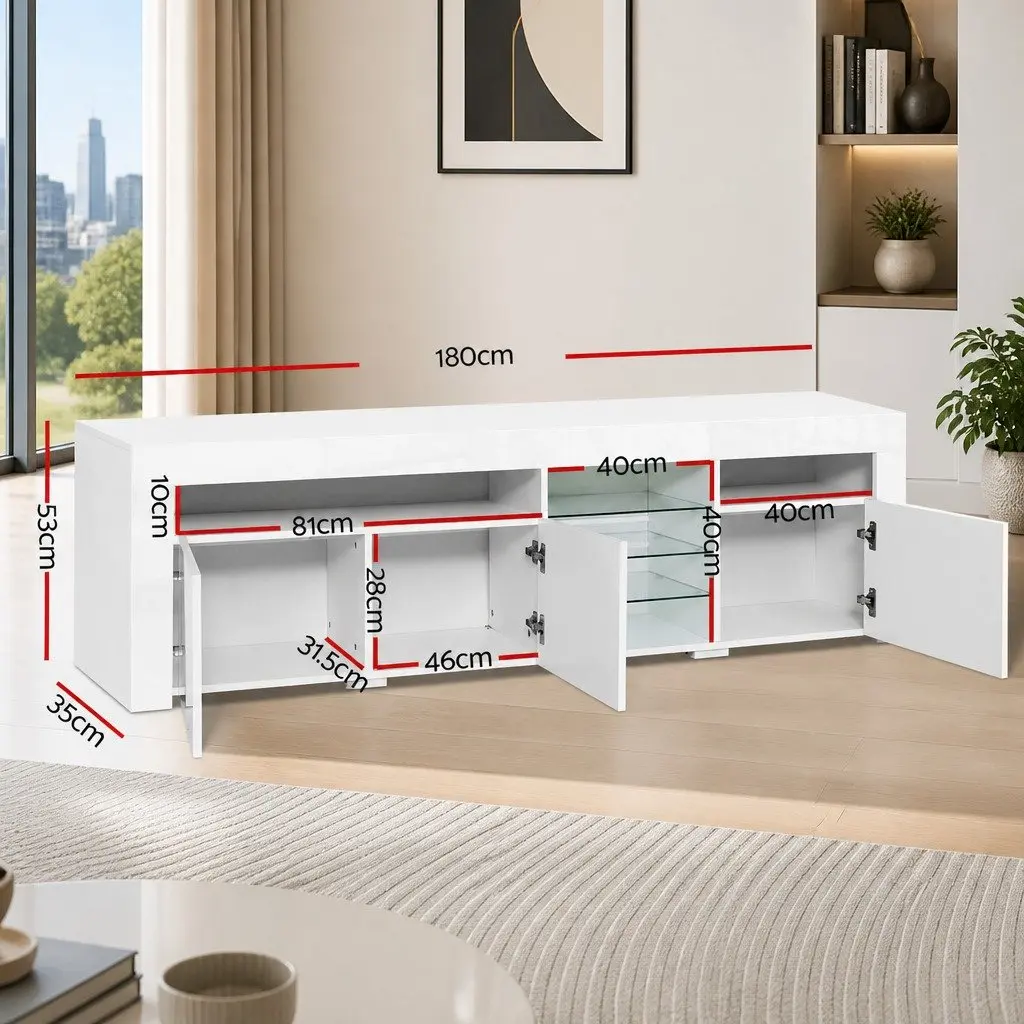 TV Unit White 180cm LED Customisable Lighting Modern Storage with 3 Cabinets and 6 Open Shelves
