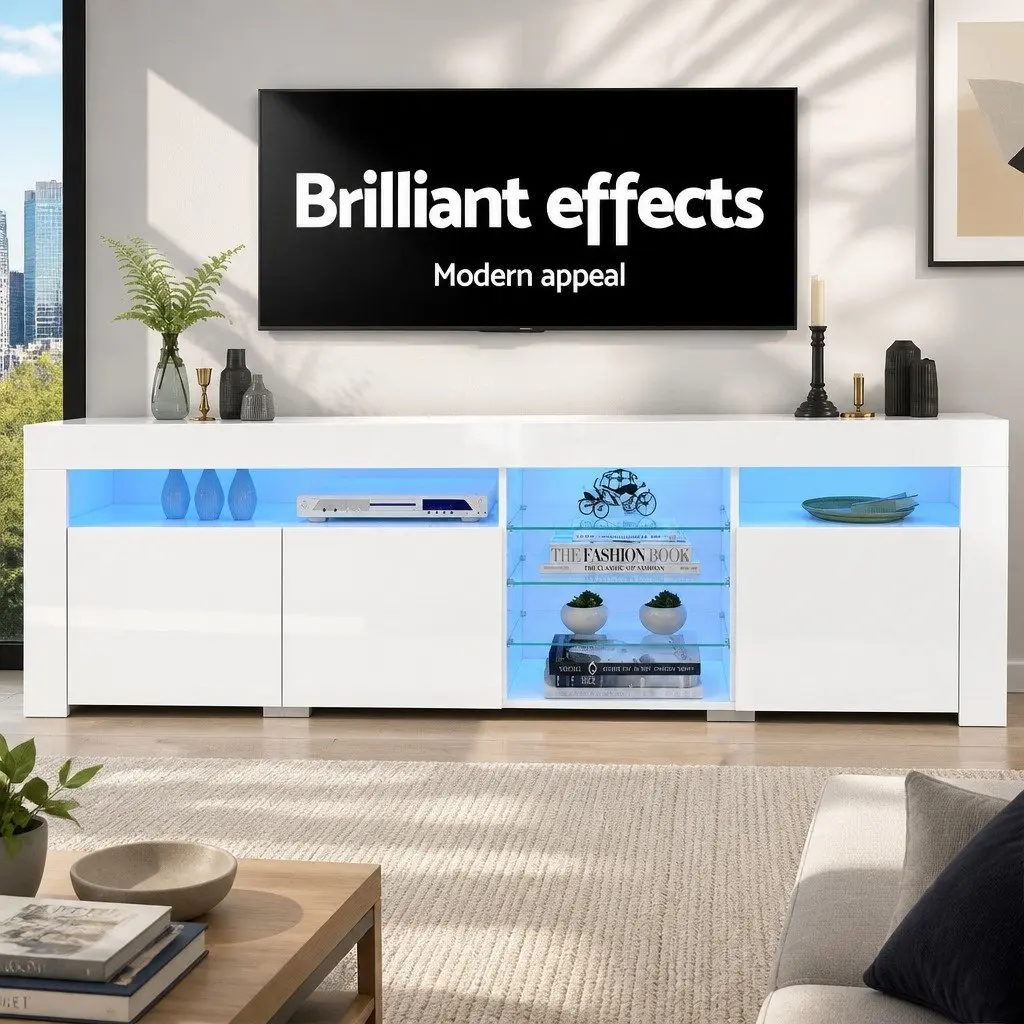 TV Unit White 180cm LED Customisable Lighting Modern Storage with 3 Cabinets and 6 Open Shelves