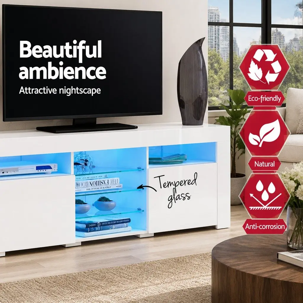 TV Unit White 180cm LED Customisable Lighting Modern Storage with 3 Cabinets and 6 Open Shelves