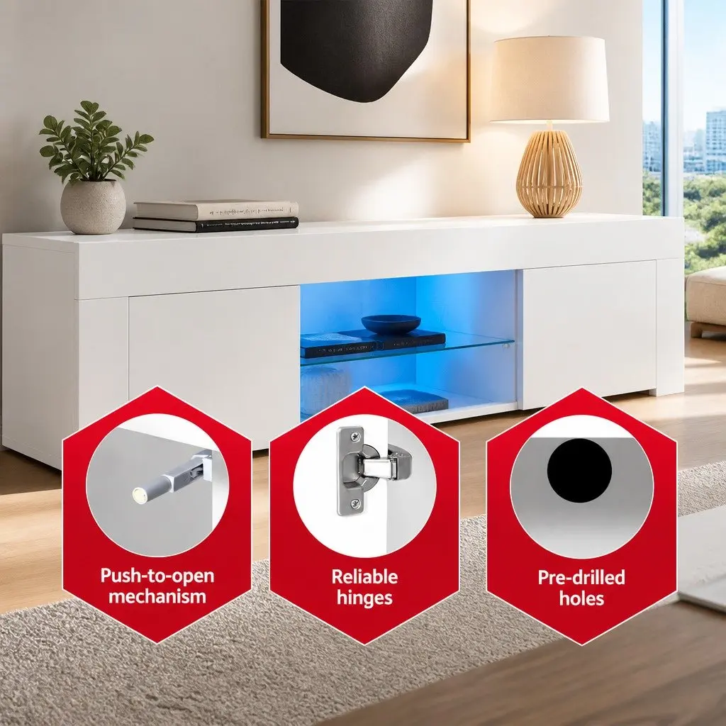 TV Unit White 180cm LED Customisable Lighting Modern Storage with 3 Cabinets and 6 Open Shelves
