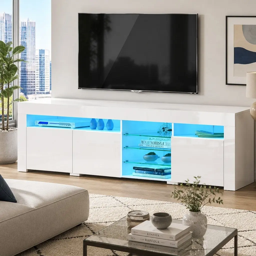 TV Unit White 180cm LED Customisable Lighting Modern Storage with 3 Cabinets and 6 Open Shelves