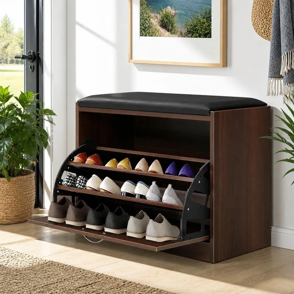 Shoe Rack Cabinet Bench Walnut 15 Pairs Storage Organiser Hallway Furniture