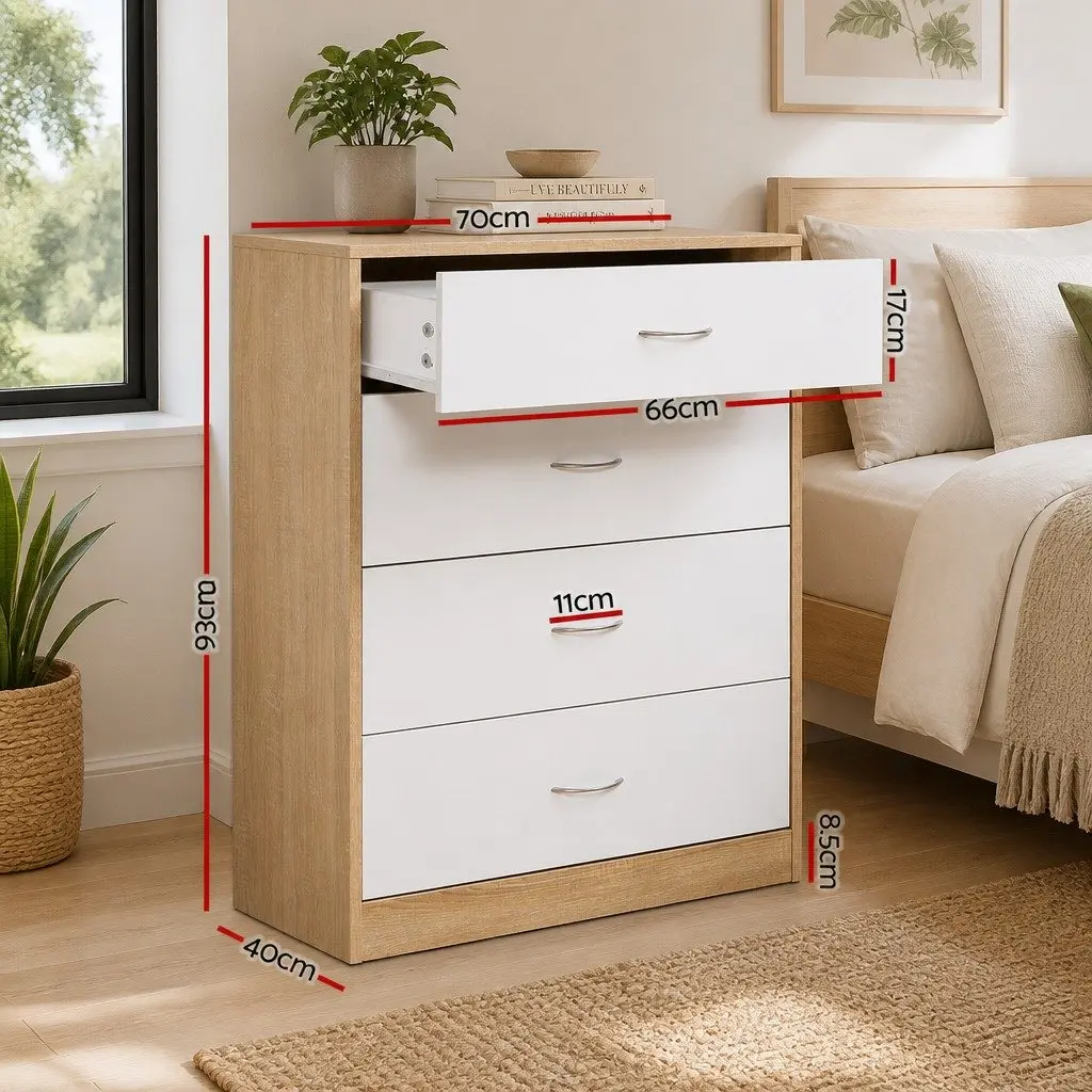 4 Drawer Chest of Drawers White Beige Tallboy Dresser Storage Cabinet