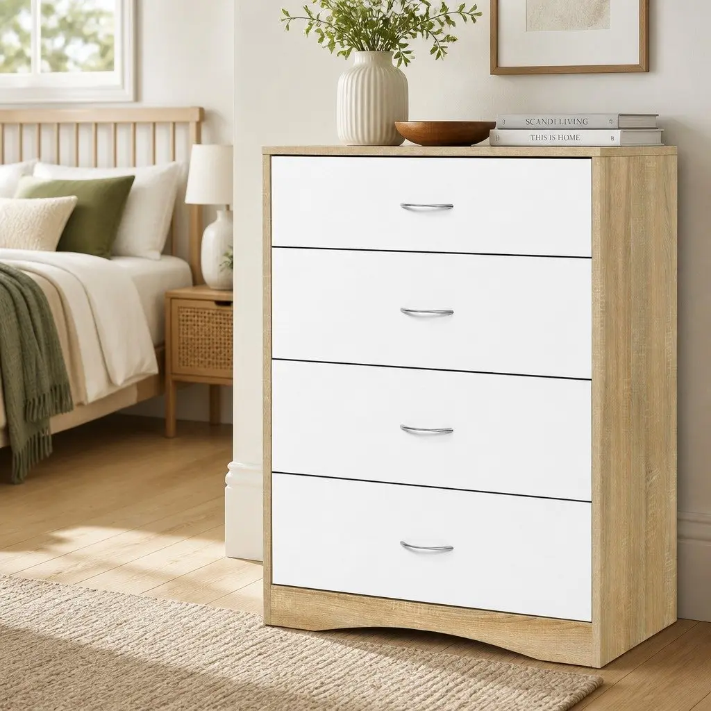 4 Drawer Chest of Drawers White Beige Tallboy Dresser Storage Cabinet
