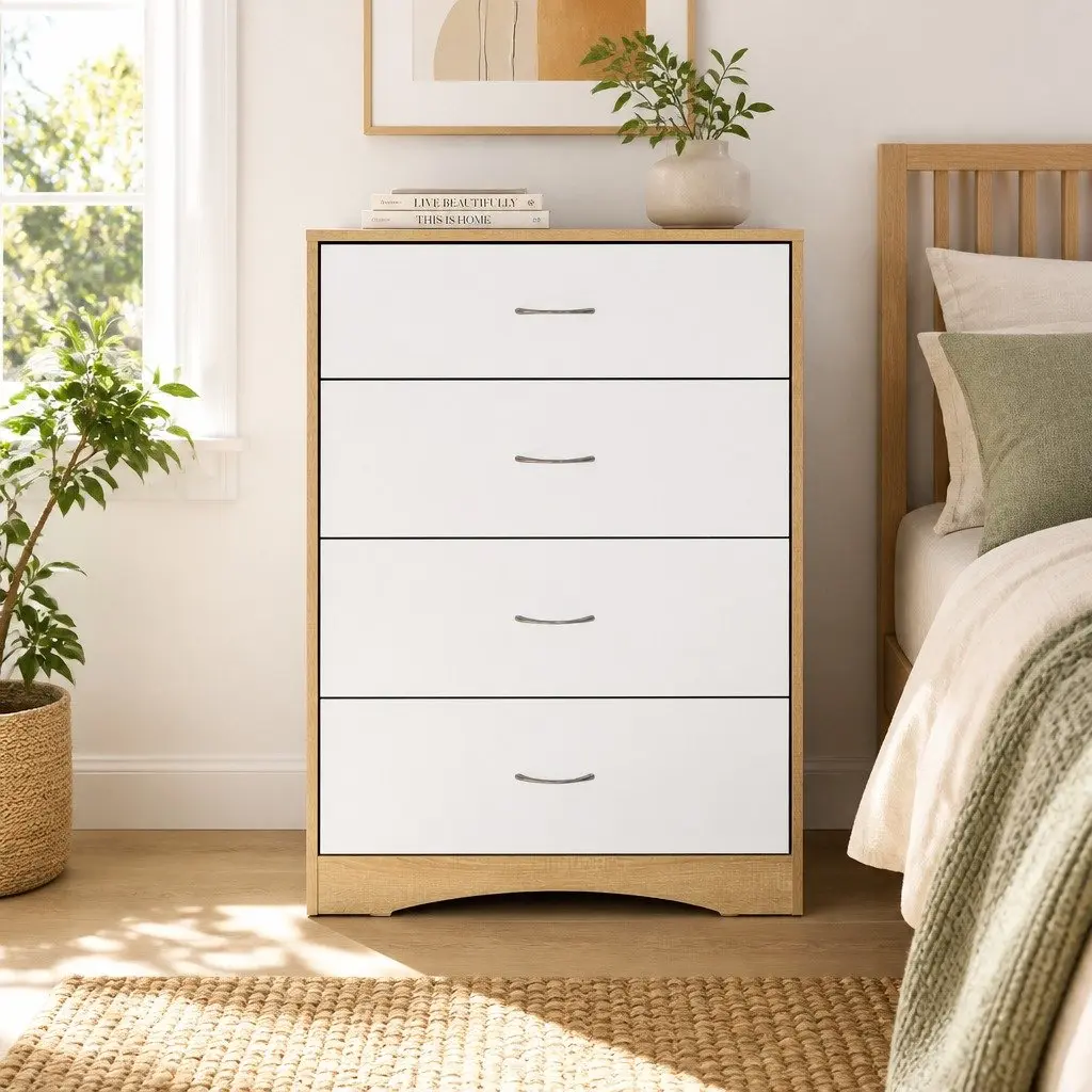 4 Drawer Chest of Drawers White Beige Tallboy Dresser Storage Cabinet