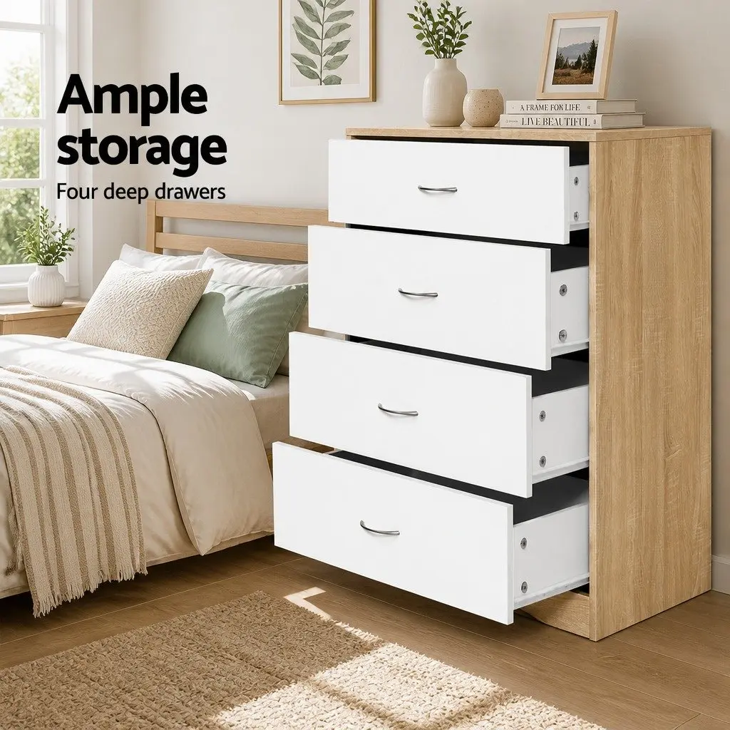 4 Drawer Chest of Drawers White Beige Tallboy Dresser Storage Cabinet