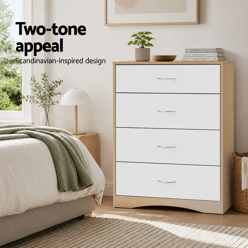 4 Drawer Chest of Drawers White Beige Tallboy Dresser Storage Cabinet