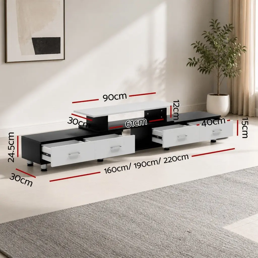 TV Unit Black Expandable 160cm to 222cm Open Shelves Four Drawers