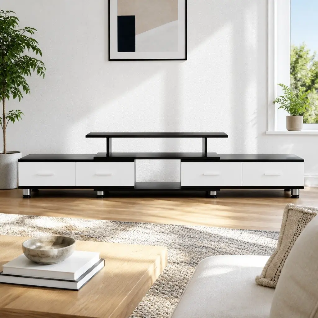 TV Unit Black Expandable 160cm to 222cm Open Shelves Four Drawers