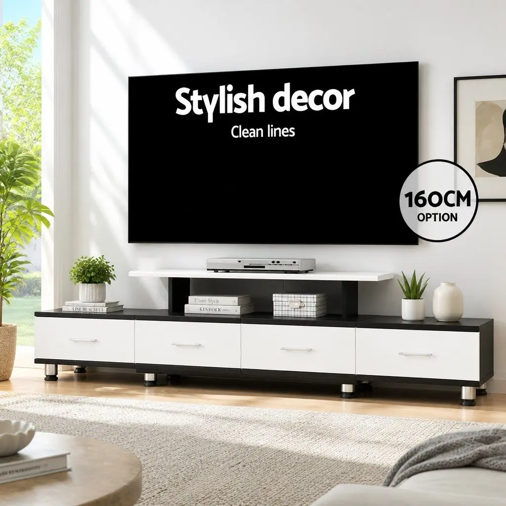 TV Unit Black Expandable 160cm to 222cm Open Shelves Four Drawers