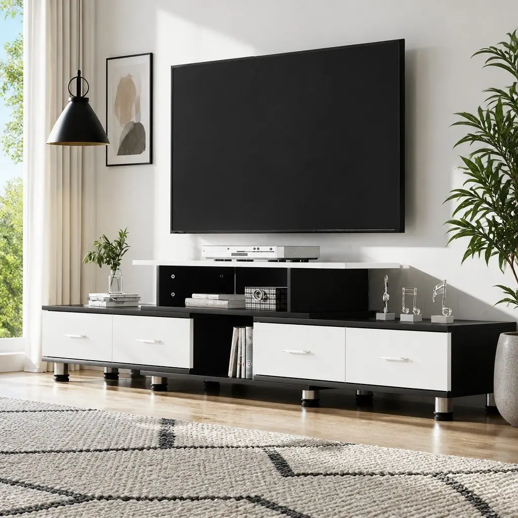 TV Unit Black Expandable 160cm to 222cm Open Shelves Four Drawers