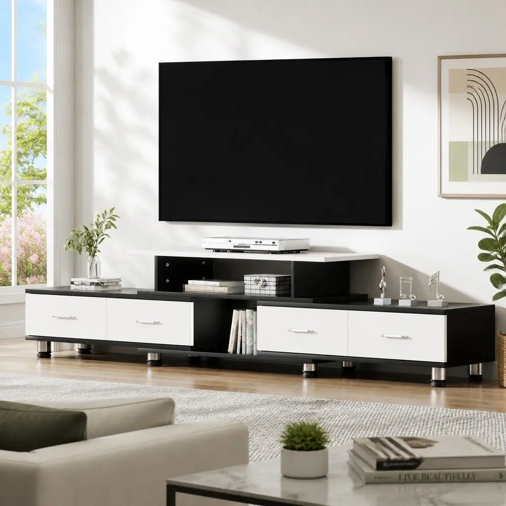 TV Unit Black Expandable 160cm to 222cm Open Shelves Four Drawers