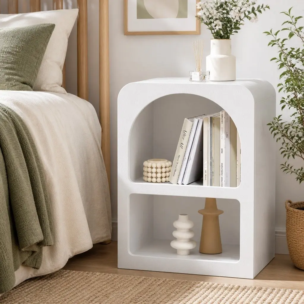 Bedside Table with Shelves Side End Table Nightstand Storage White Arched Design